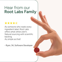 Detalle de etiqueta nutricional ROOT LABS que garantiza pruebas y transparencia