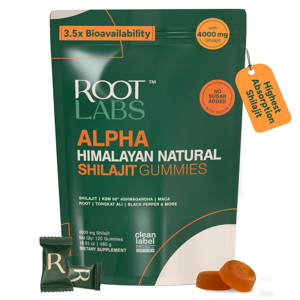ROOT LABS frasco delantero mostrando 120 gominolas y etiqueta clara