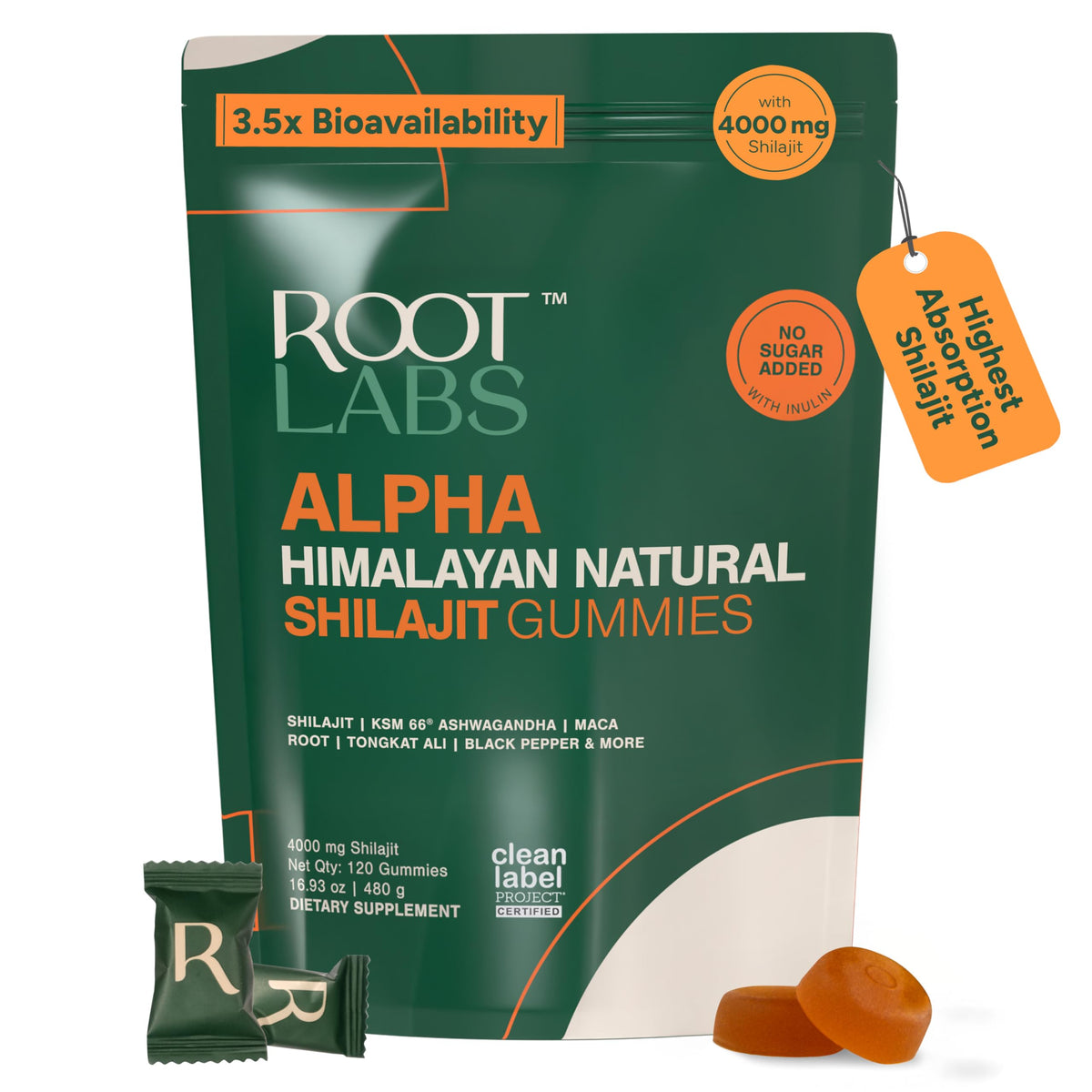 ROOT LABS frasco delantero mostrando 120 gominolas y etiqueta clara