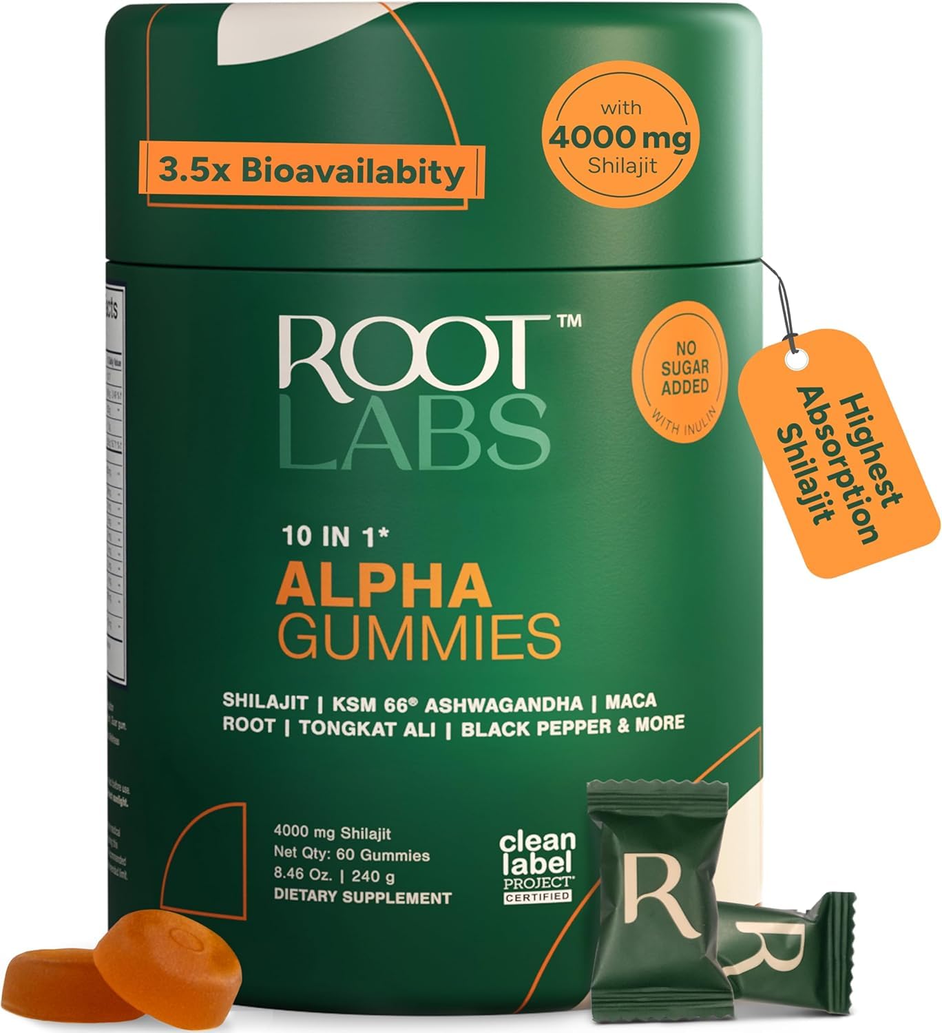 ROOT LABS frasco frontal mostrando 60 gomitas, conveniencia diaria