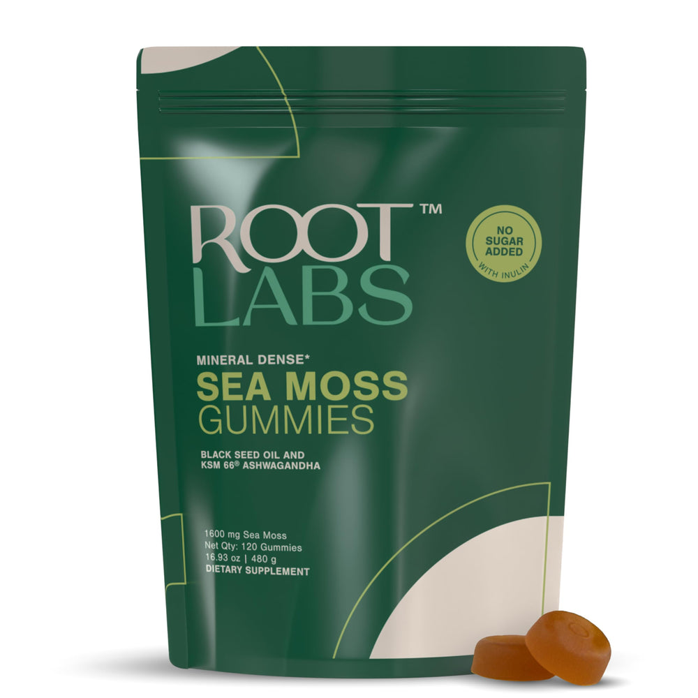 ROOT LABS envase frontal de Sea Moss Gummies mostrando diseño y beneficio práctico
