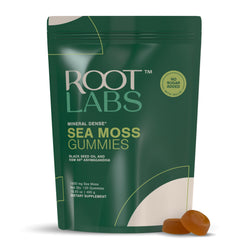 ROOT LABS envase frontal de Sea Moss Gummies mostrando diseño y beneficio práctico