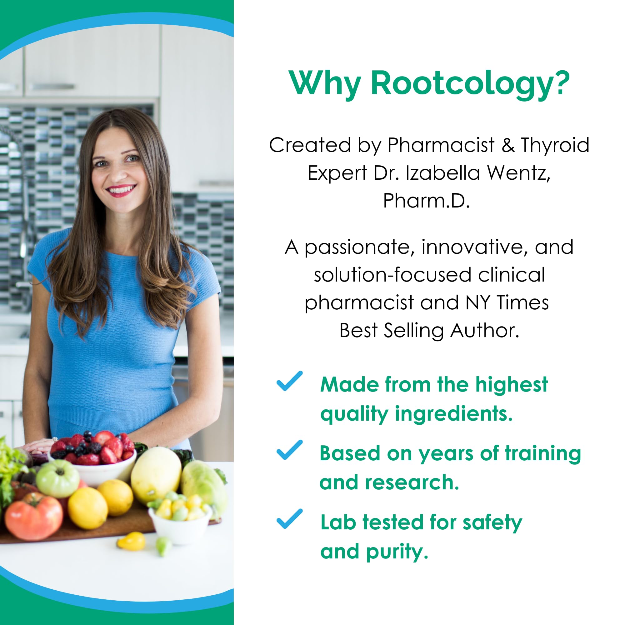 Rootcology etiqueta con ingredientes clave y beneficios visibles
