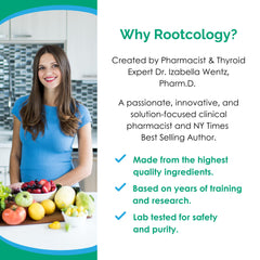Rootcology etiqueta con ingredientes clave y beneficios visibles