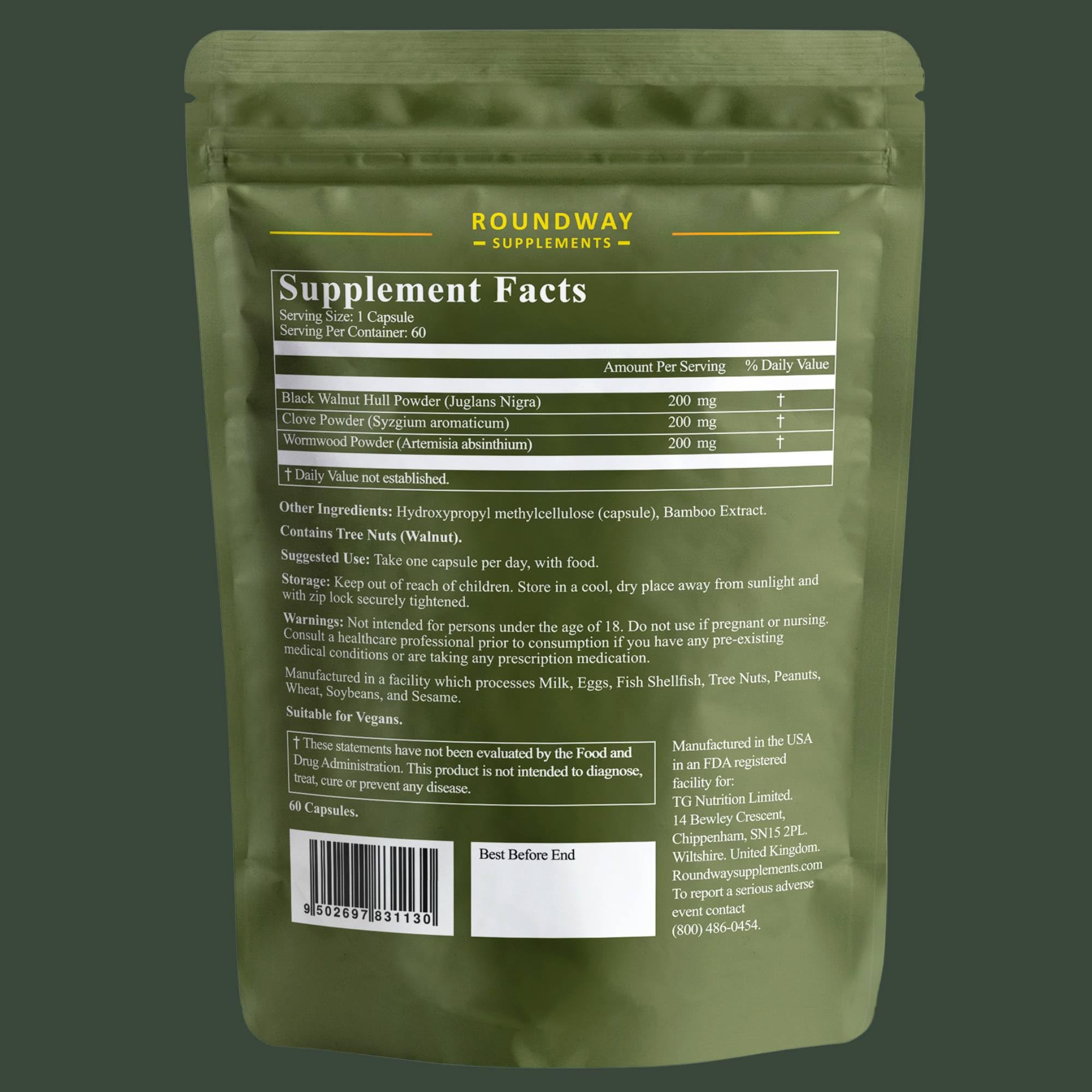 Roundway Supplements etiqueta que indica fabricación GMP y calidad garantizada
