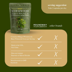 Roundway Supplements ingredientes naturales: artemisa, nogal y clavo mostrados juntos