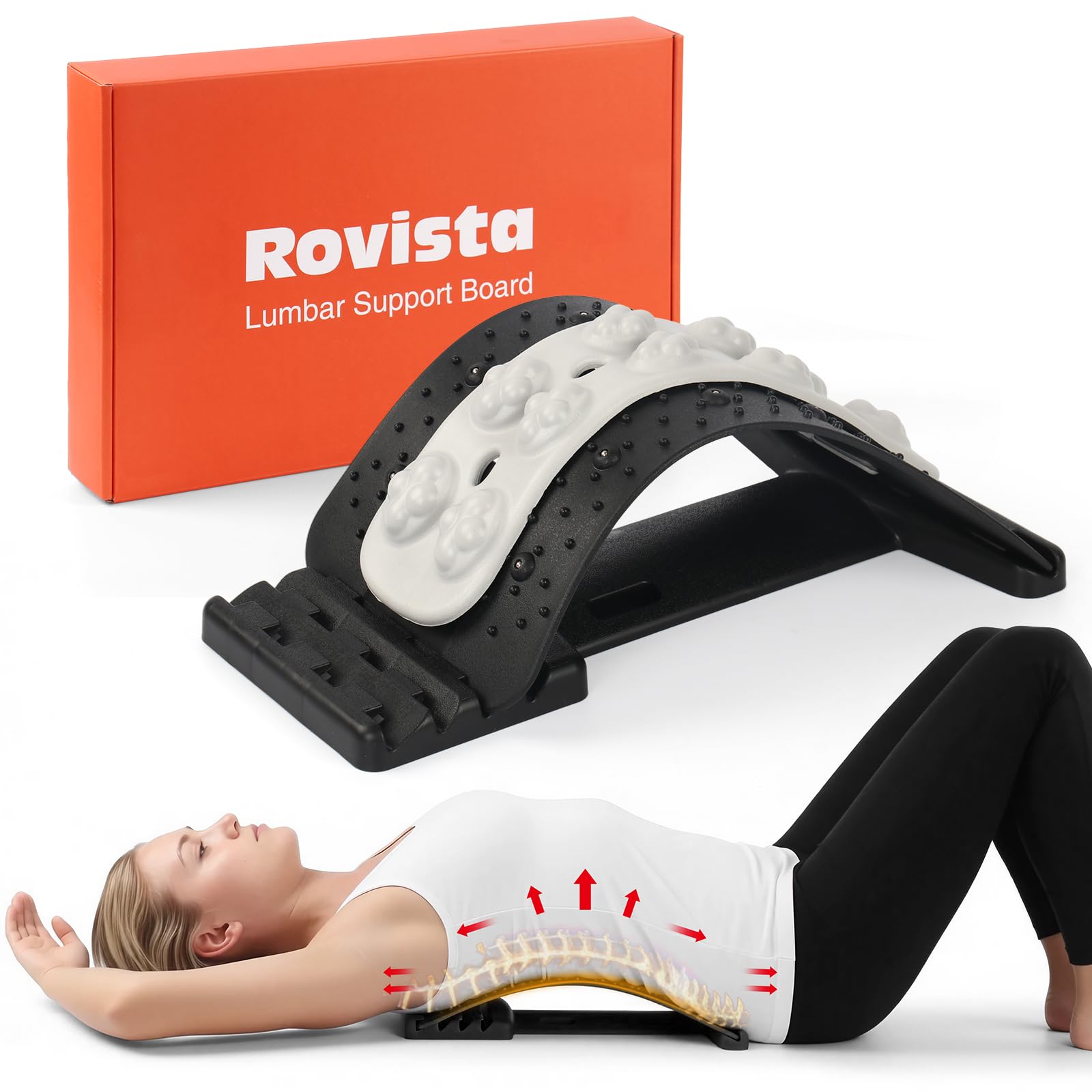 Rovista vista frontal del tablero lumbar mostrando su forma ergonómica y beneficio de soporte