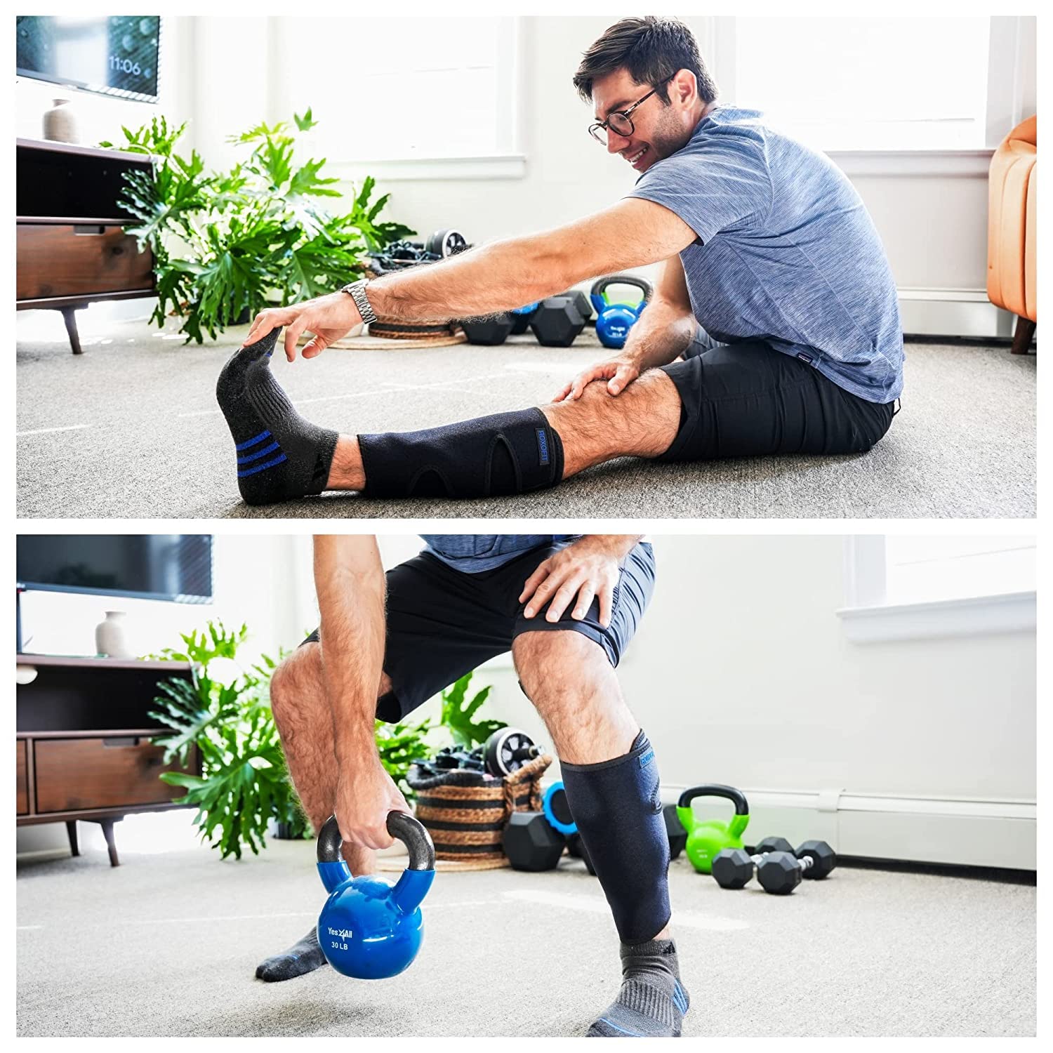 ROXOFIT soporte en uso durante carrera para reducir dolor y estabilizar la tibia