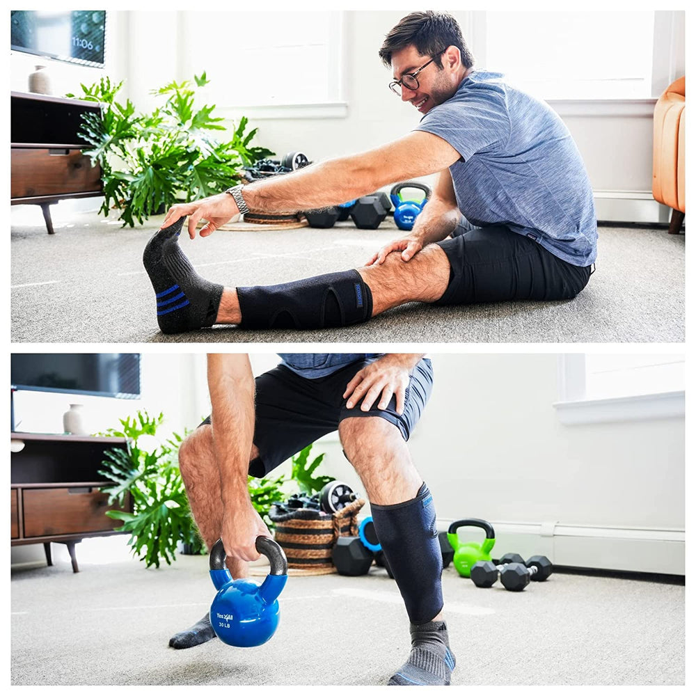 ROXOFIT soporte en uso durante carrera para reducir dolor y estabilizar la tibia