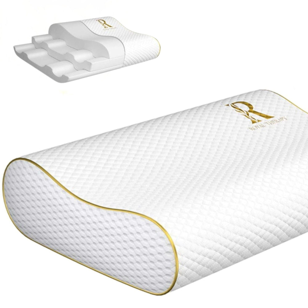 Royal Therapy vista frontal de la almohada mostrando su contorno ergonómico y soporte