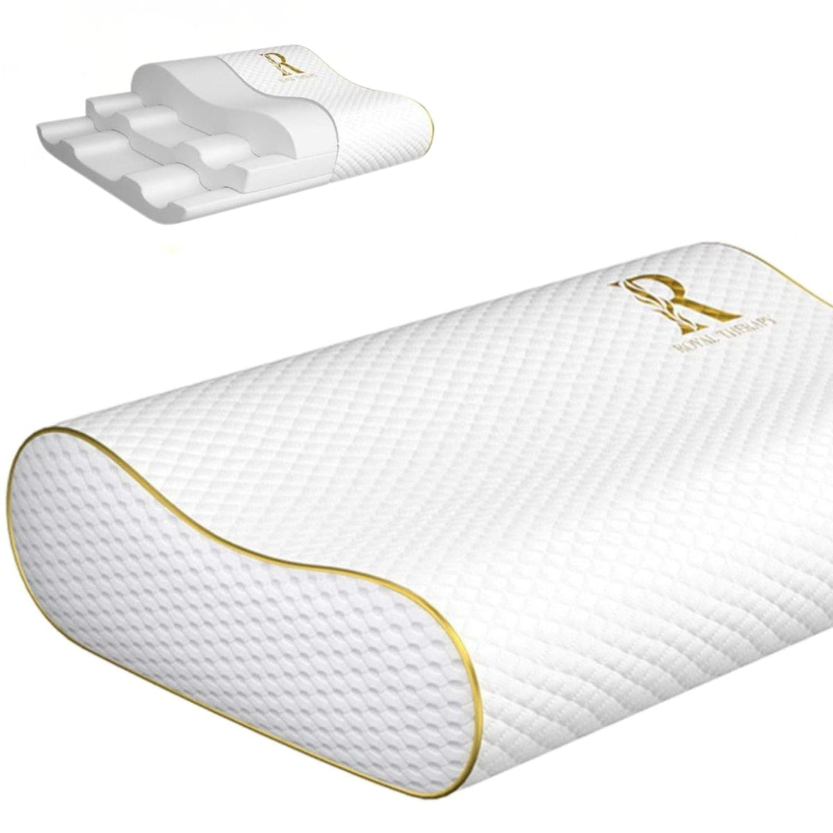 Royal Therapy vista frontal de la almohada mostrando su contorno ergonómico y soporte