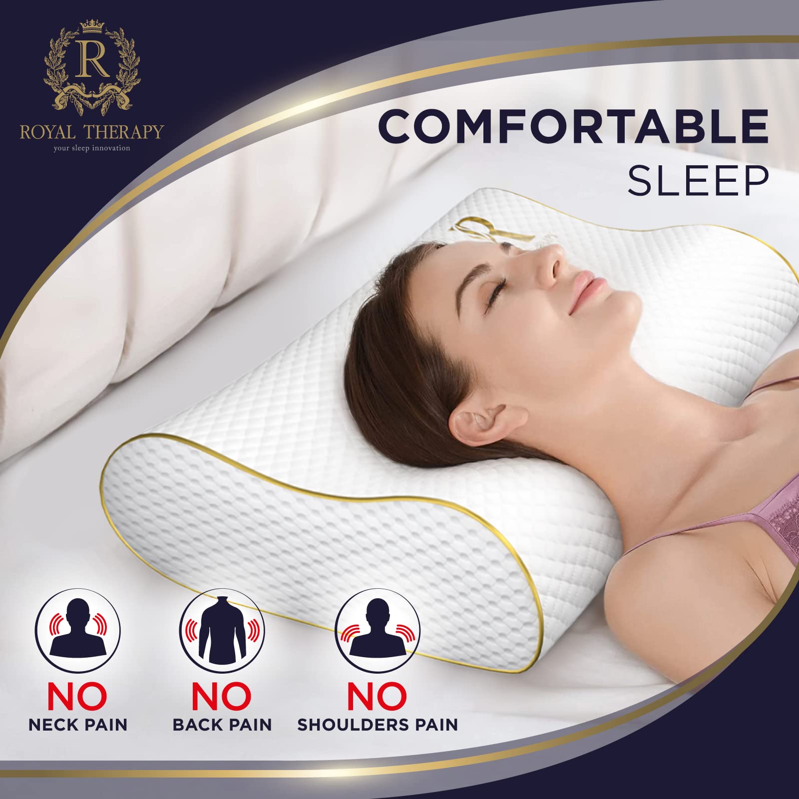 Royal Therapy almohada en uso por durmiente lateral, alineación cervical visible