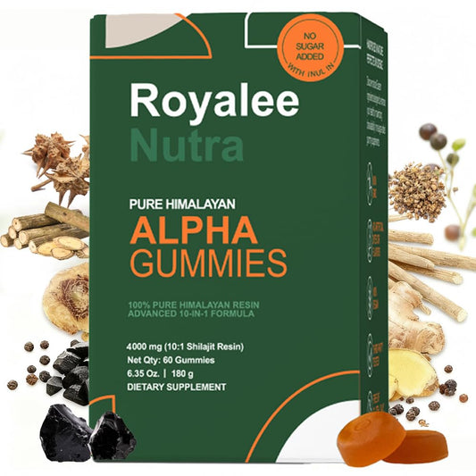 Royalee gomitas alpha frente del empaque mostrando bote y diseño informativo
