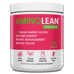 RSP NUTRITION AminoLean envase frontal que muestra fórmula vegana y energía