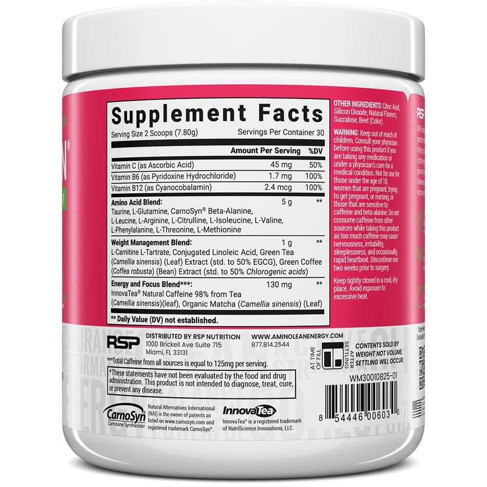 RSP NUTRITION AminoLean tamaño del bote junto a una botella para escala visual