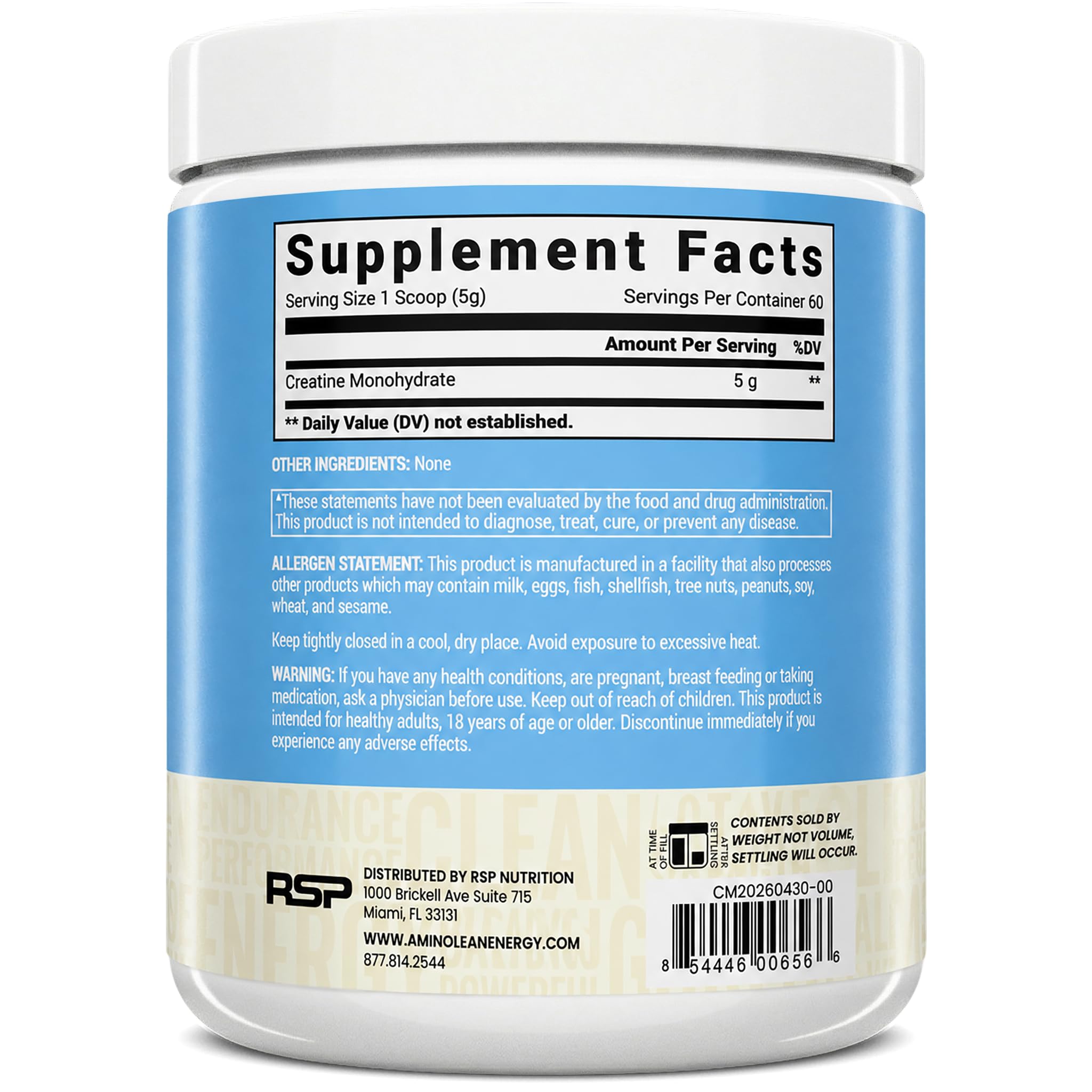 RSP NUTRITION tamaño del envase comparado con botella de agua
