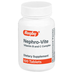 RUGBY LABORATORIES frasco frontal de Nephro-Vite mostrando 100 tabletas y conveniencia