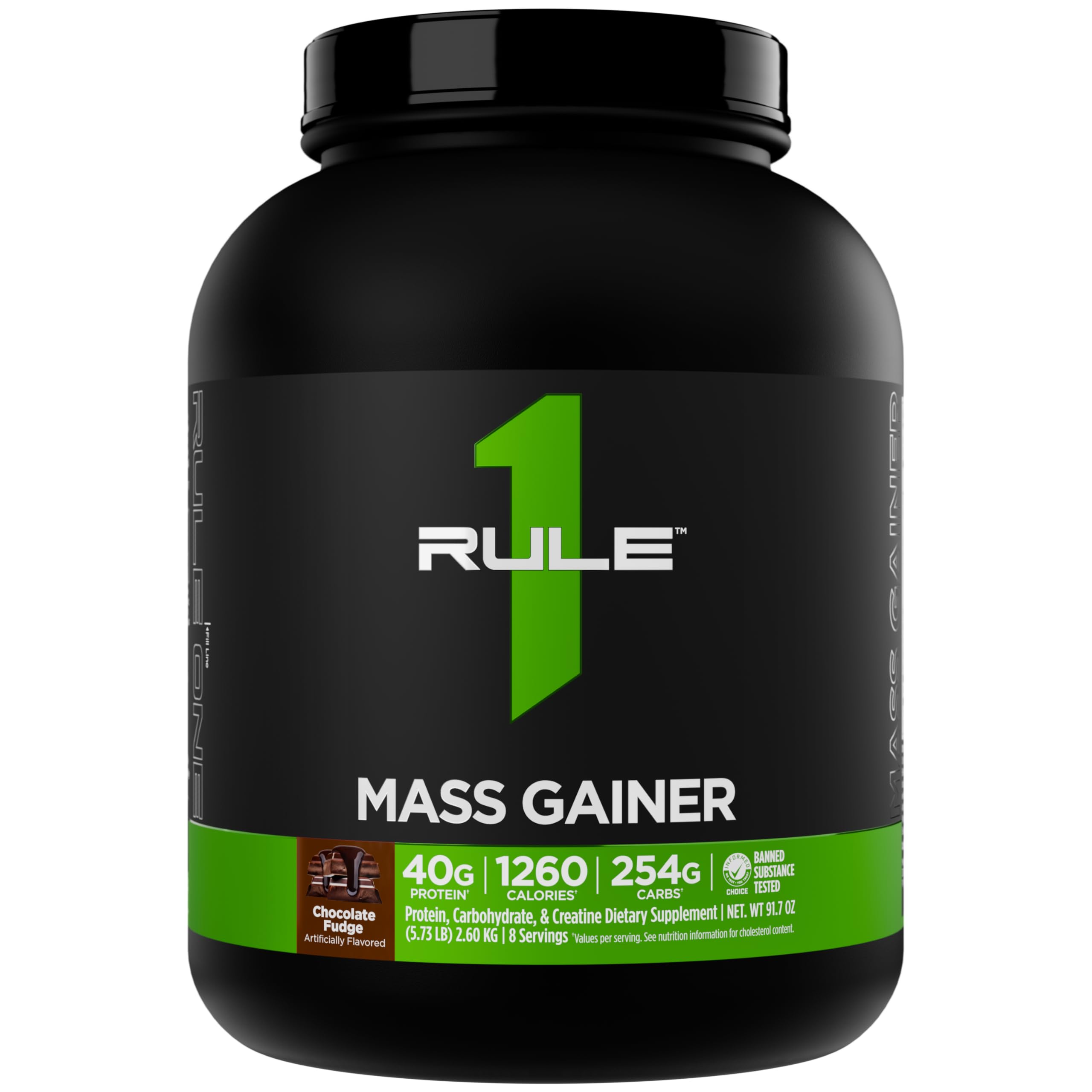 Rule 1 Proteins envase frontal Chocolate Fudge mostrando formato y beneficio calórico
