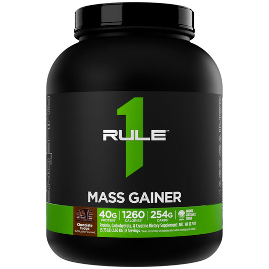 Rule 1 Proteins envase frontal Chocolate Fudge mostrando formato y beneficio calórico