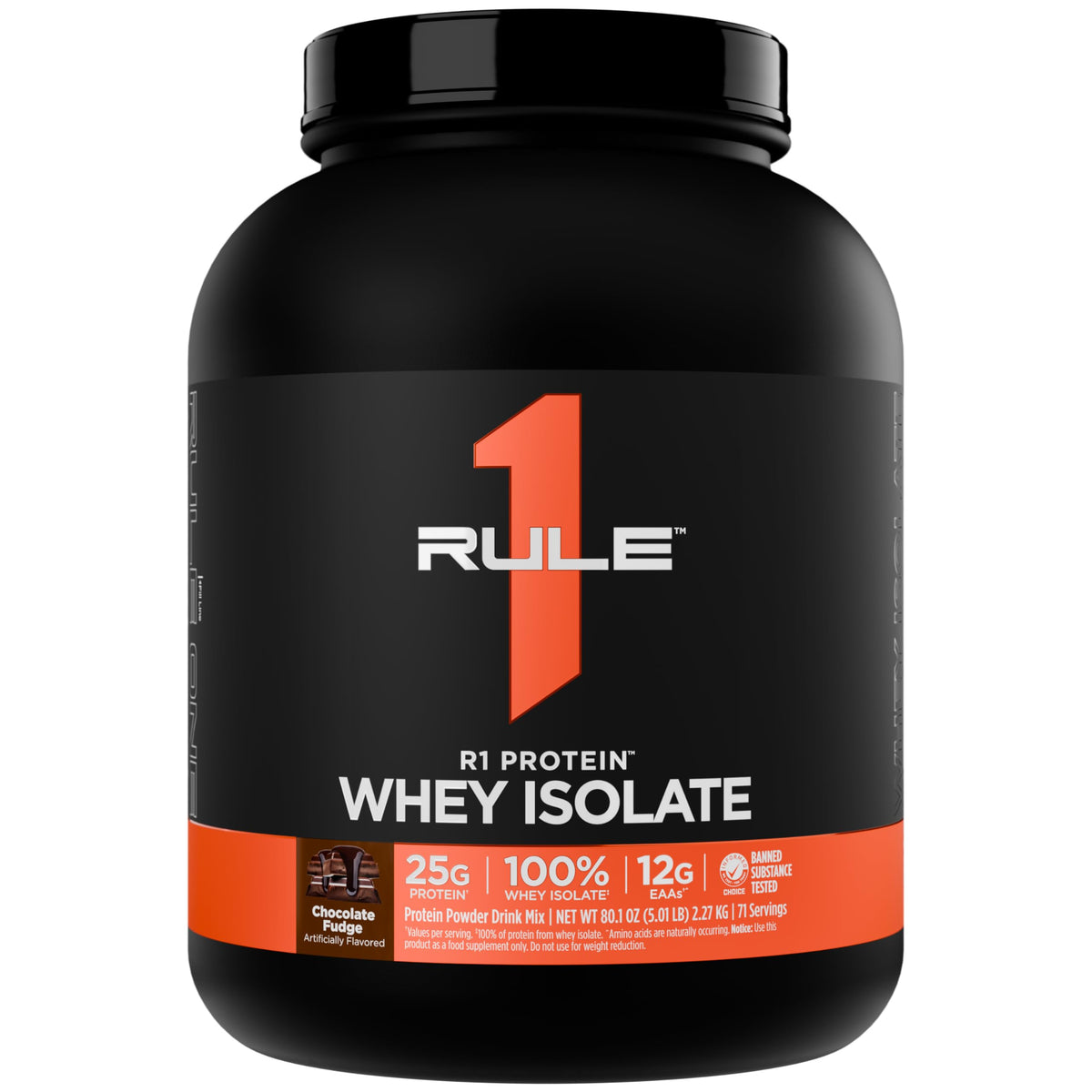 Rule 1 Proteins envase frontal Chocolate Fudge con beneficio de proteína pura