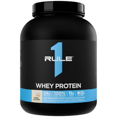 Rule 1 Proteins envase frontal Vainilla Ice Cream mostrando 68 porciones y 24 g proteína