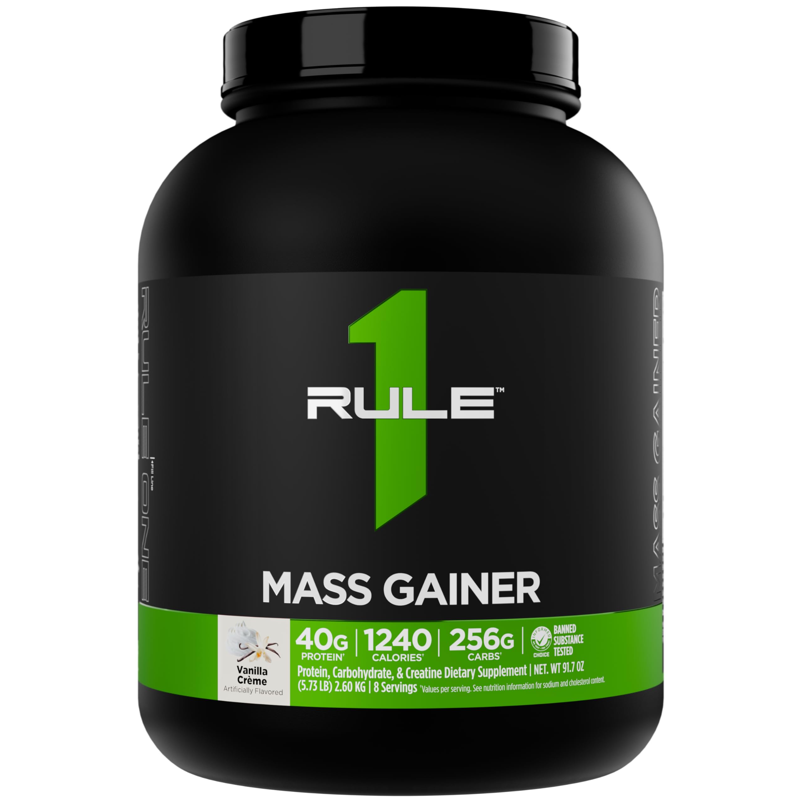 Rule 1 Proteins frasco frente mostrando etiqueta y beneficio de aumento masivo