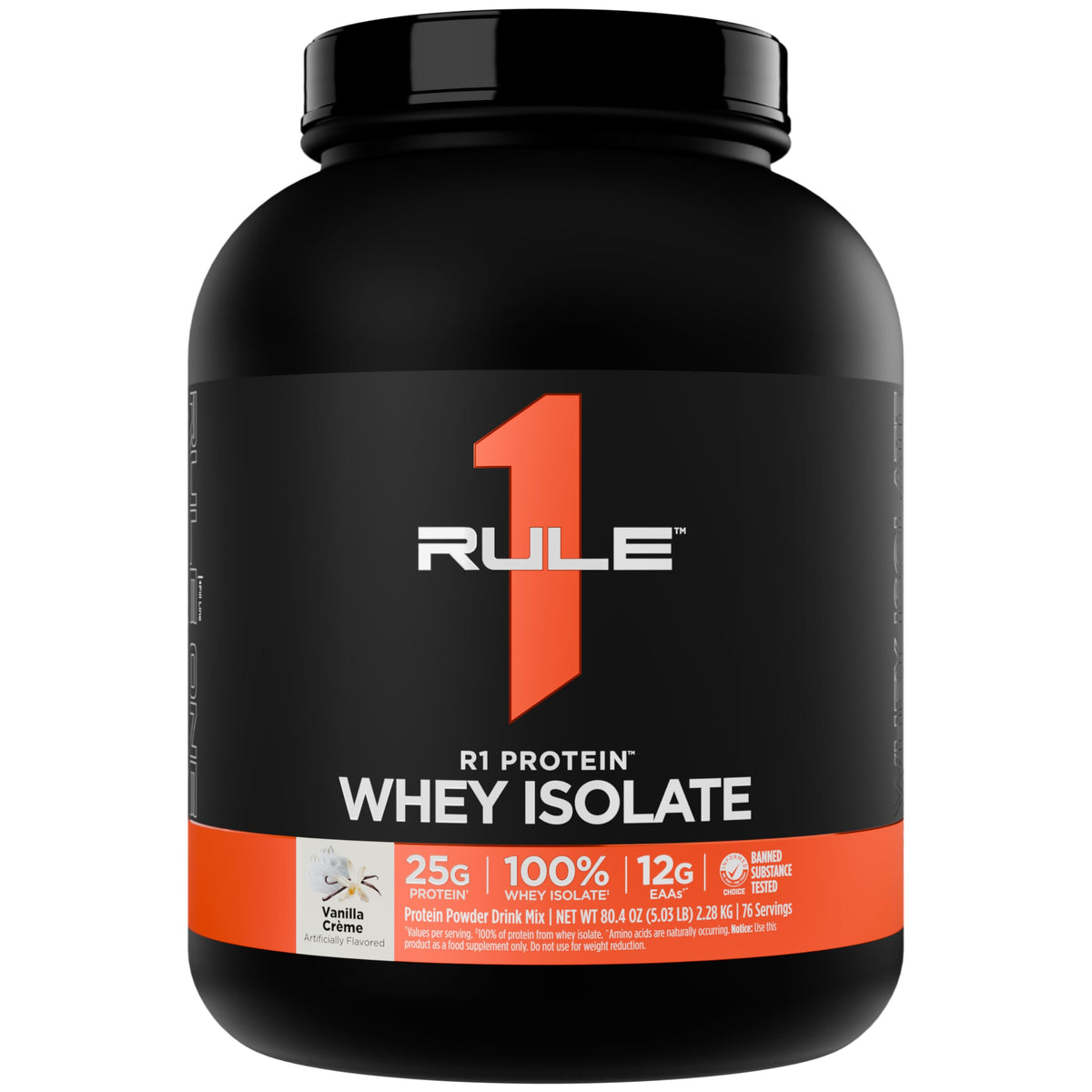 Rule 1 Proteins envase Vainilla Creme mostrando 76 porciones y claridad de marca