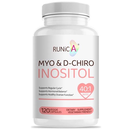 RUNICA envase frontal mostrando 120 cápsulas y beneficios para equilibrio hormonal