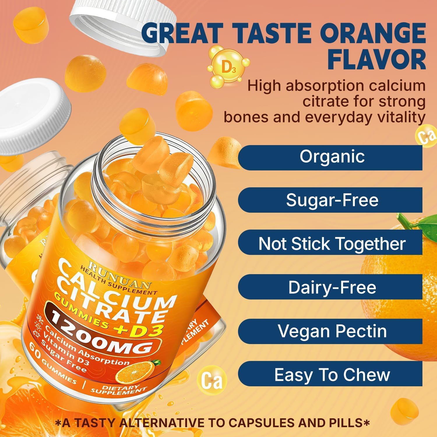 RUNUAN gomitas sabor naranja presentadas en plato atractivo