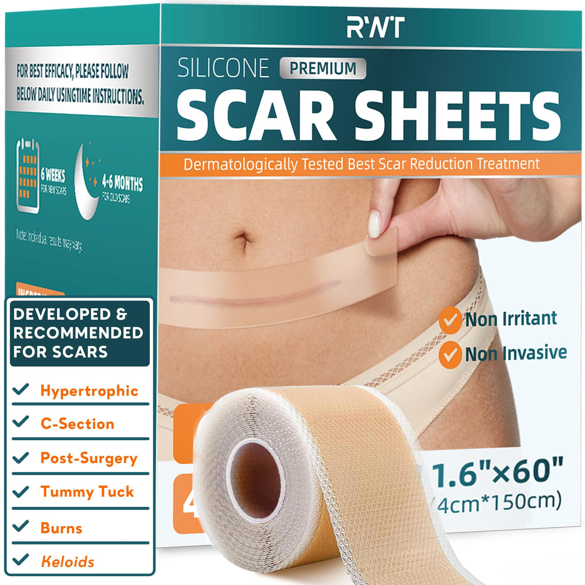 RWT empaque frontal mostrando cinta de silicona y beneficios visibles