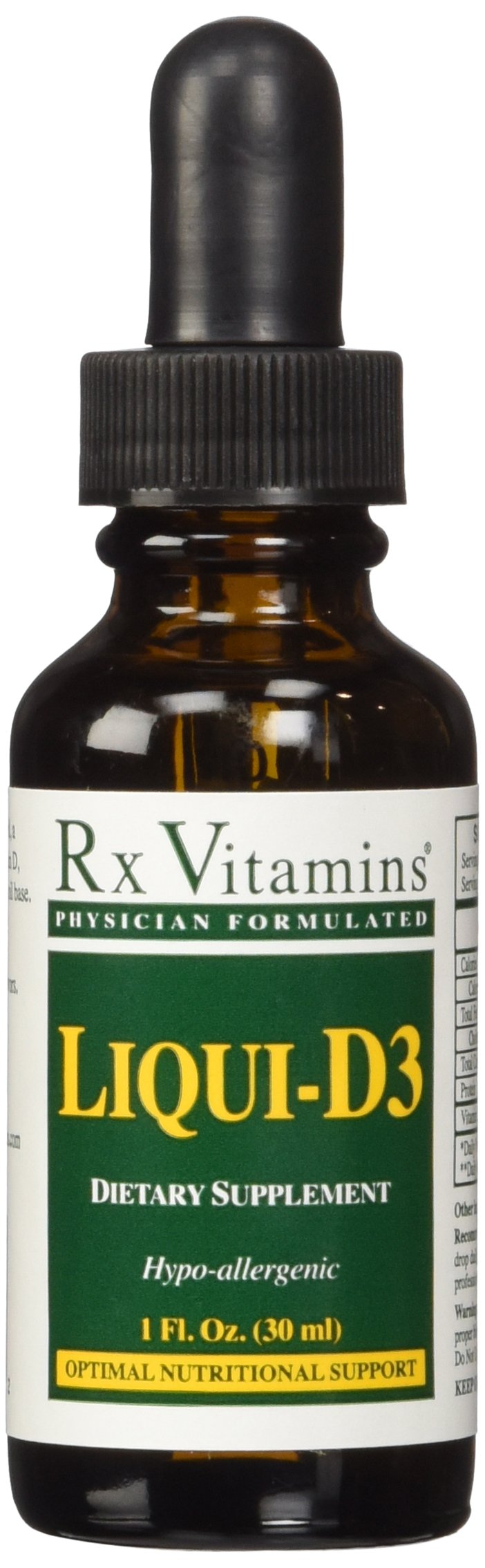 Frasco frontal de Rx Vitamins Liqui-D3 2000 IU mostrando etiqueta y tamaño portátil
