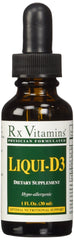 Frasco frontal de Rx Vitamins Liqui-D3 2000 IU mostrando etiqueta y tamaño portátil