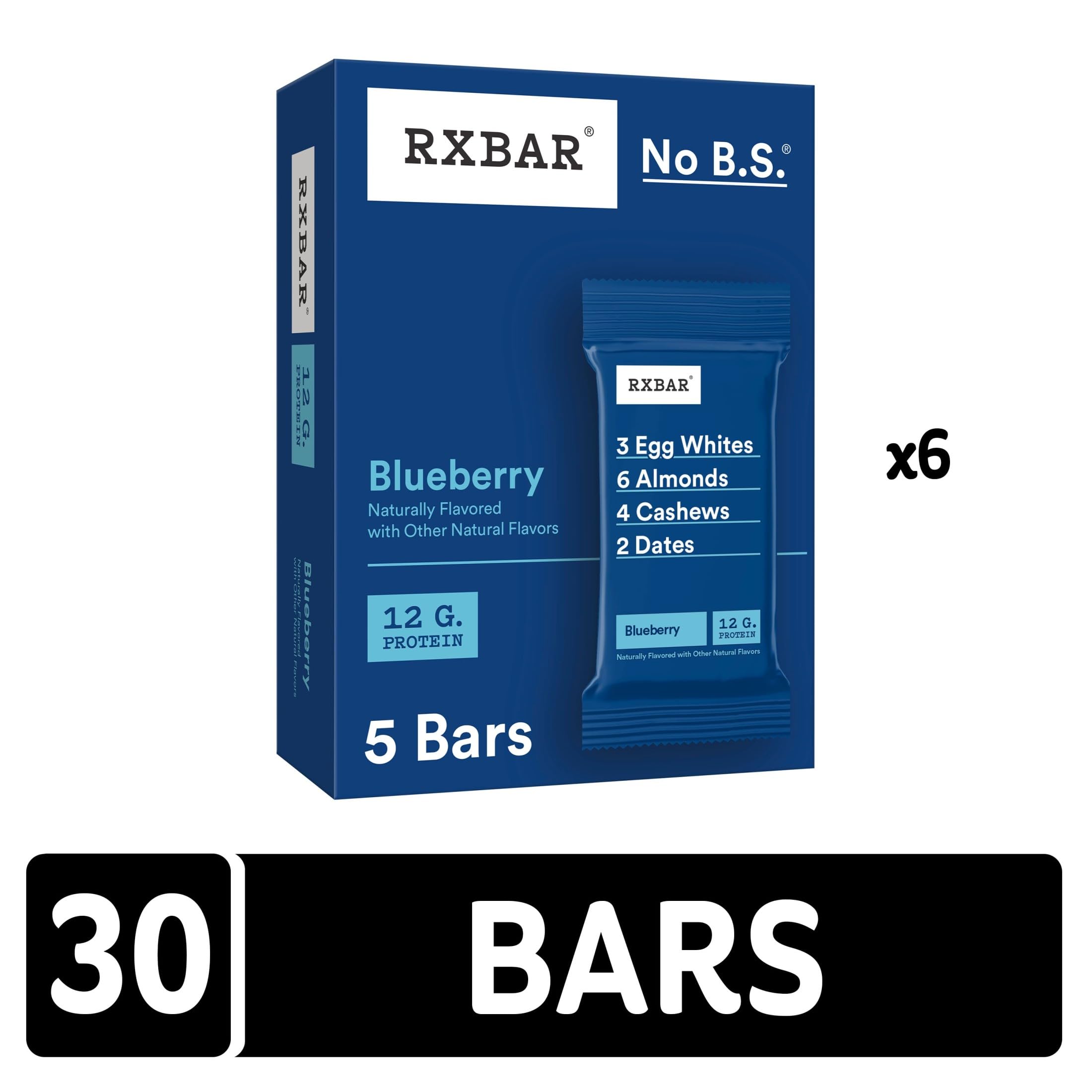 RXBAR barra abierta mostrando interior con arándanos, energía portátil