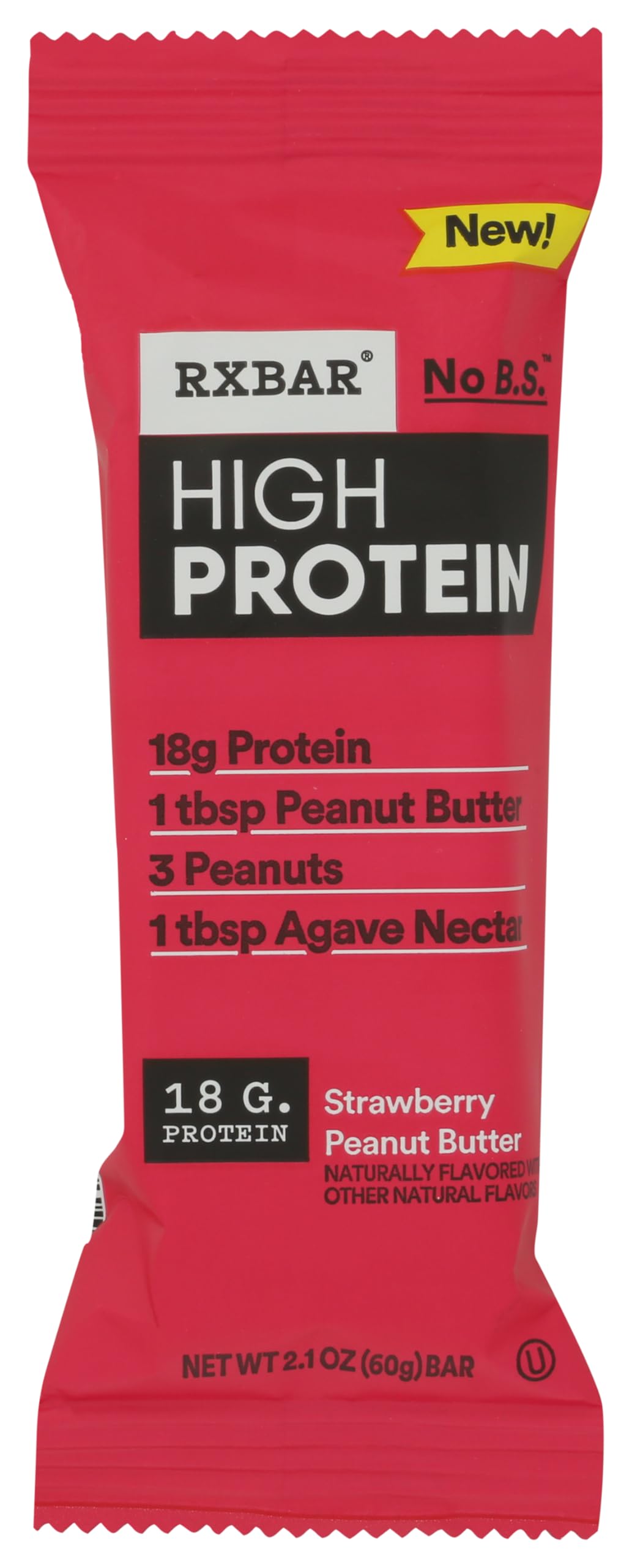 RXBAR barra fresa y mantequilla de cacahuate frontal, snack portátil y sabroso