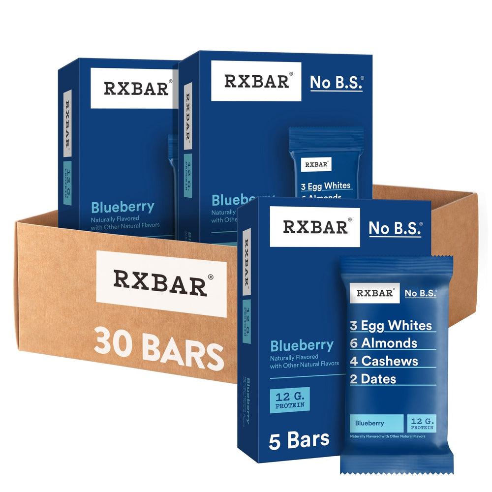 RXBAR empaque frontal mostrando cajas y barras, conveniencia inmediata