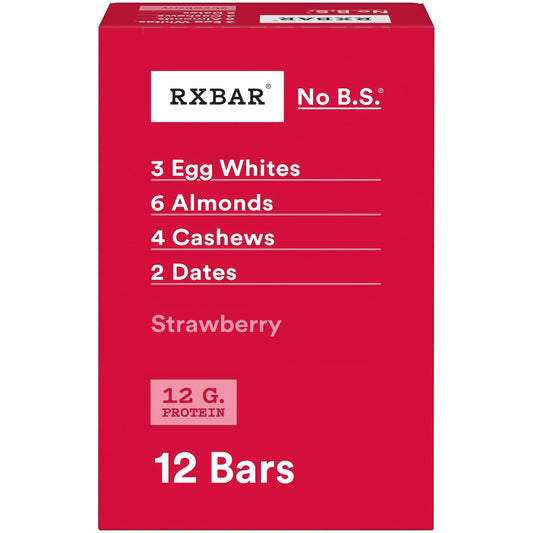 RXBAR empaque frontal mostrando sabor fresa y beneficios