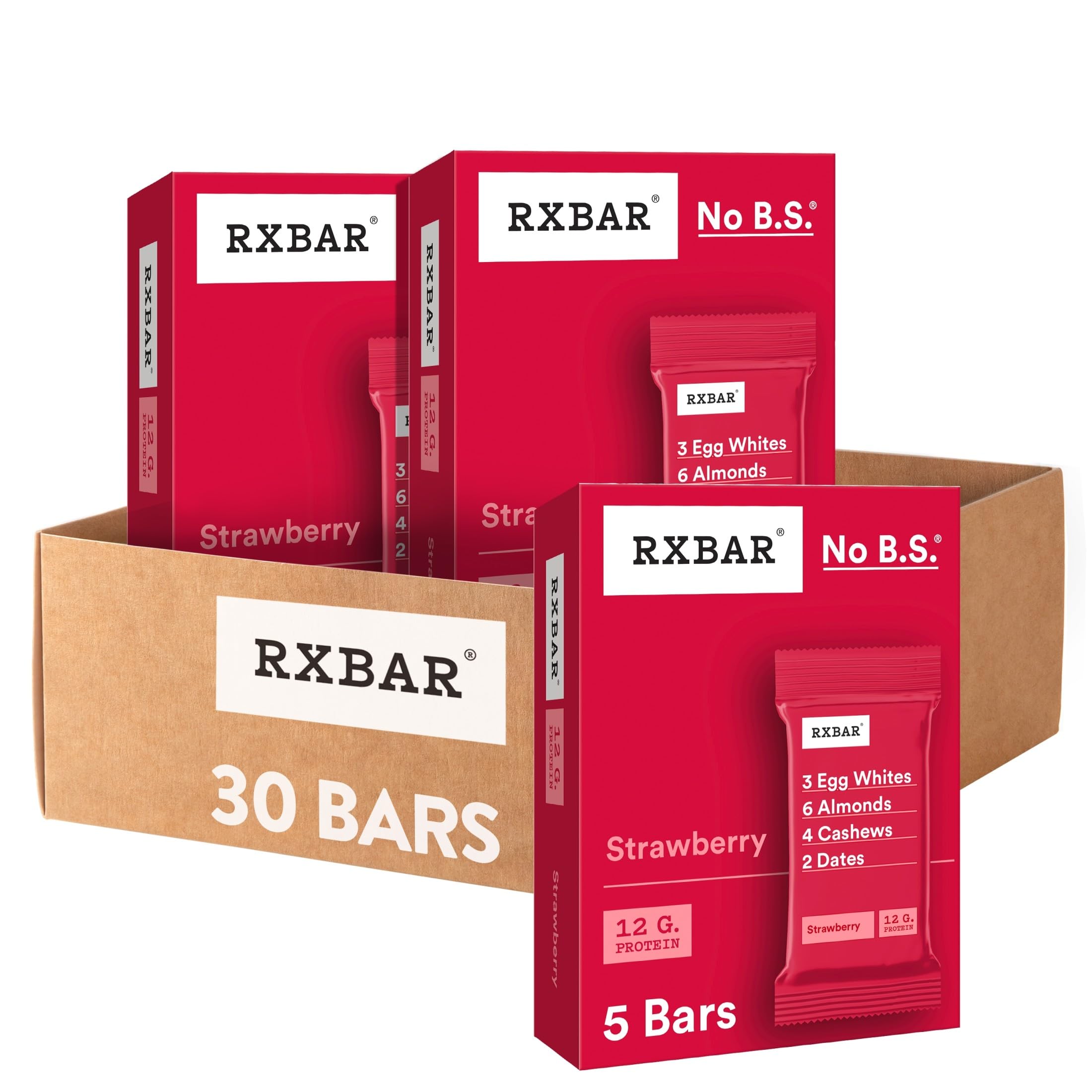 RXBAR vista frontal del paquete mostrando sabor fresa y beneficio de proteínas