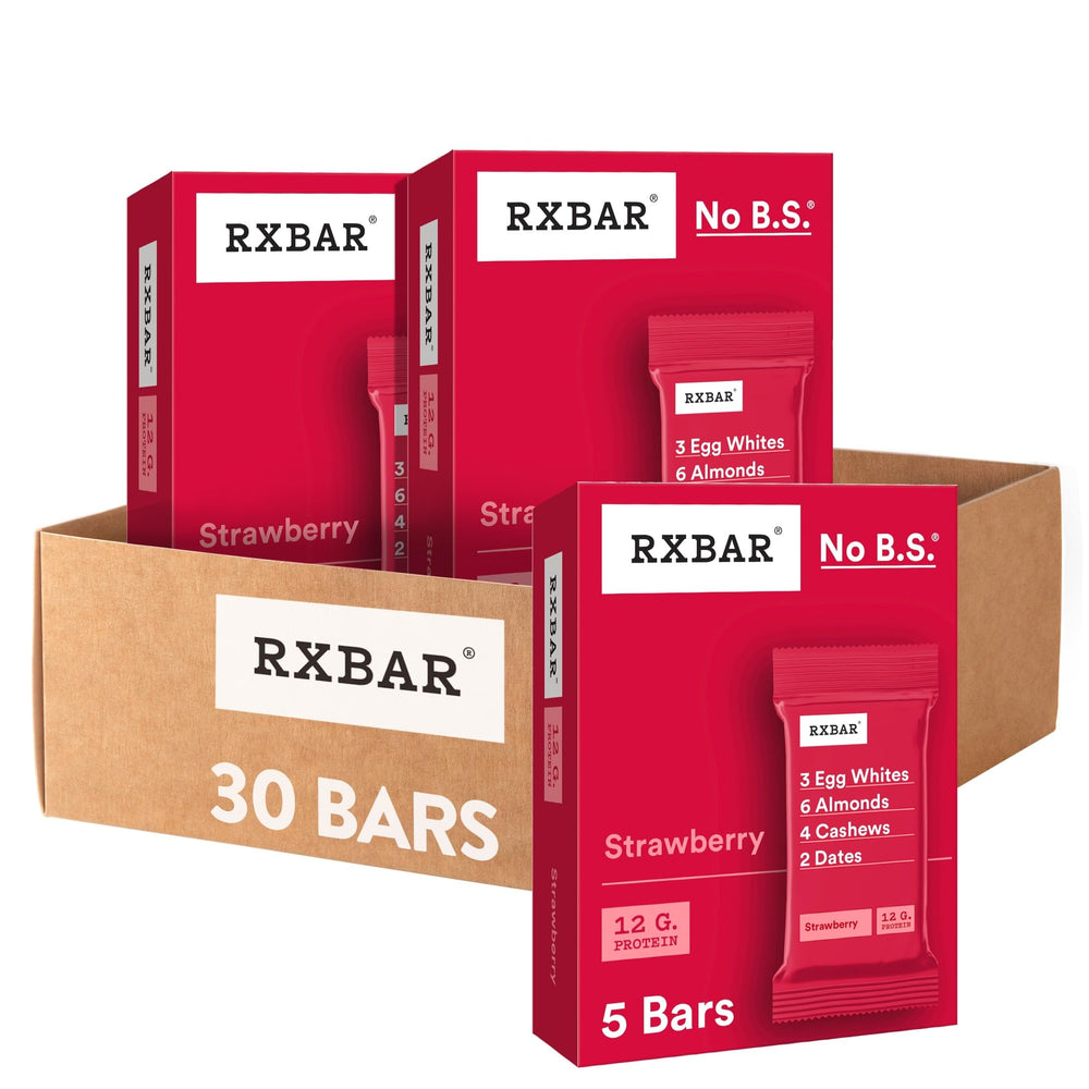 RXBAR vista frontal del paquete mostrando sabor fresa y beneficio de proteínas