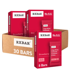RXBAR vista frontal del paquete mostrando sabor fresa y beneficio de proteínas