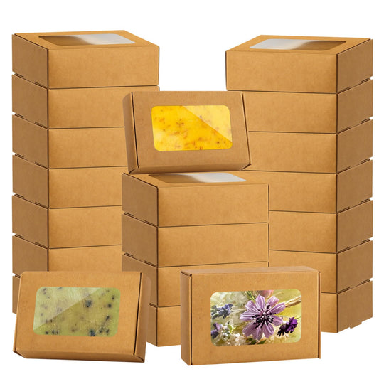 RYKOMO caja kraft frontal con ventana muestra producto y mejora exhibición