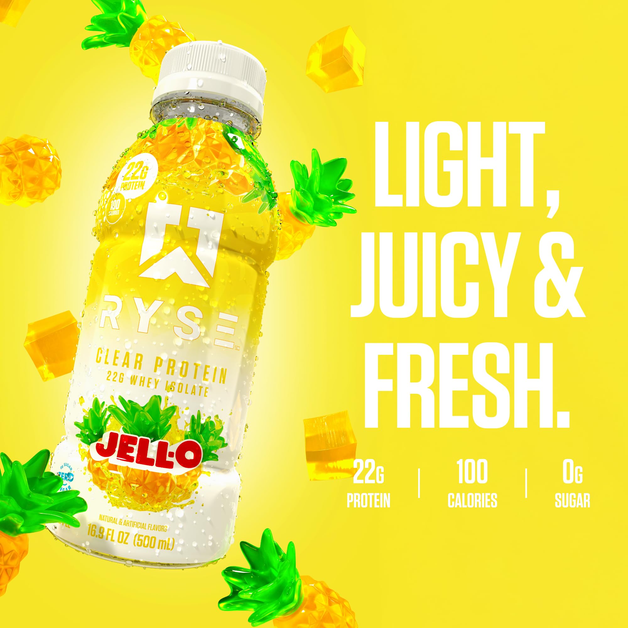RYSE botella junto a piñas para destacar sabor tropical y perfil bajo en calorías
