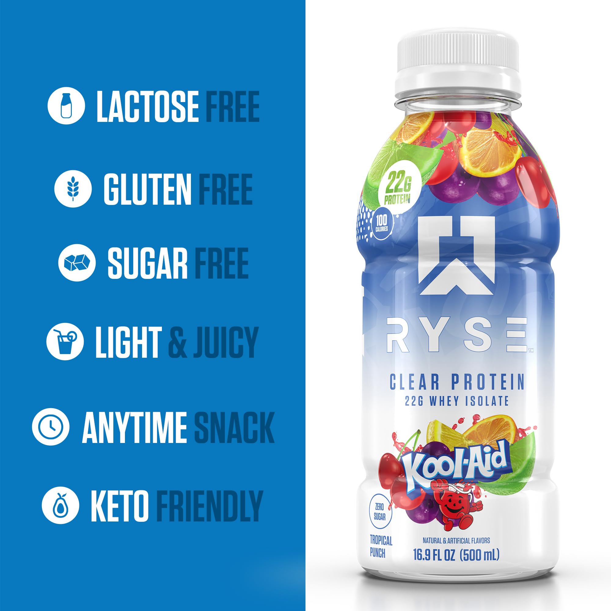 RYSE Up Supplements etiqueta nutricional mostrando 22 g proteína y 100 kcal, informativo