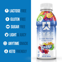 RYSE Up Supplements etiqueta nutricional mostrando 22 g proteína y 100 kcal, informativo