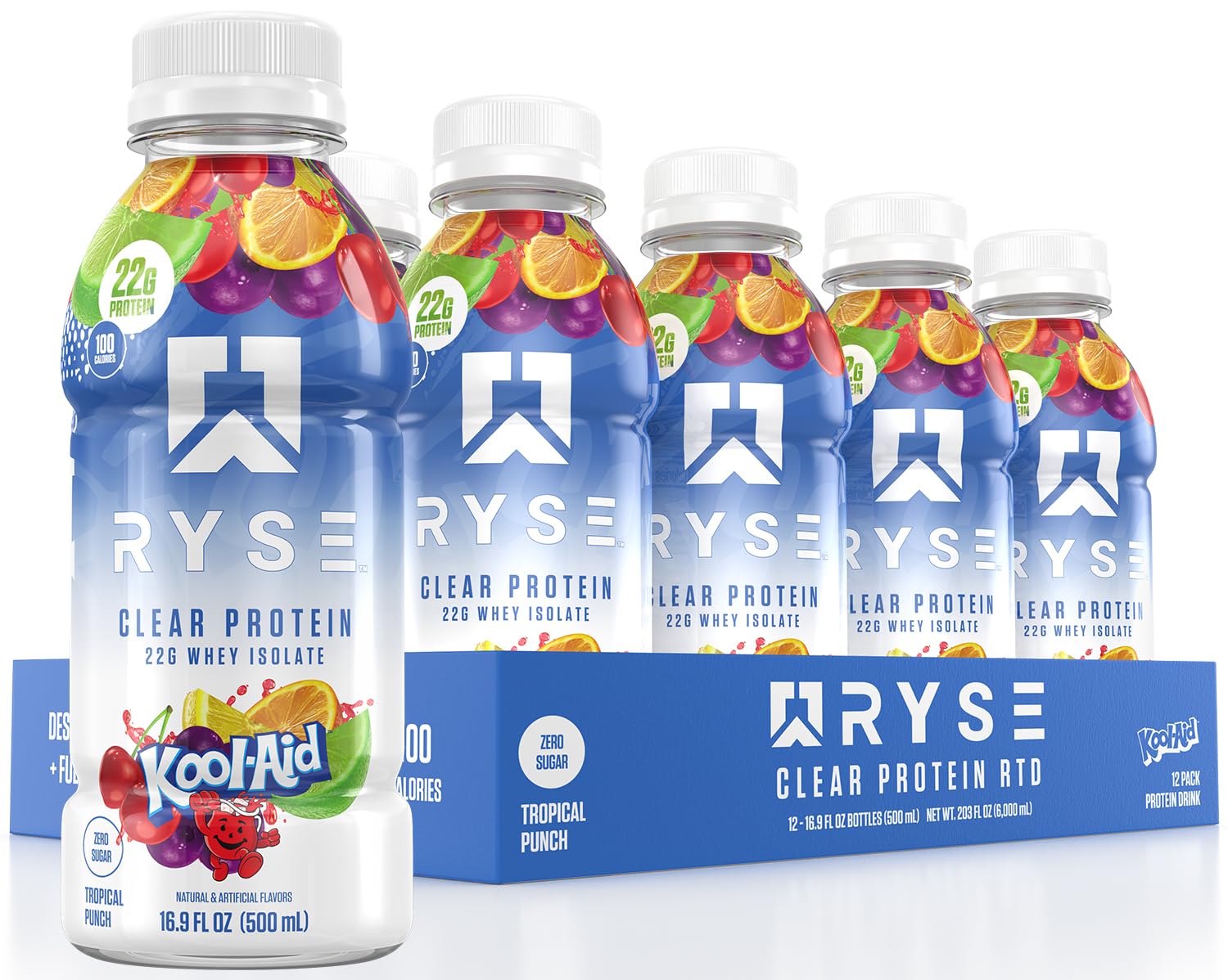 RYSE Up Supplements botella frontal mostrando diseño y sabor Tropical Punch, atractivo rápido