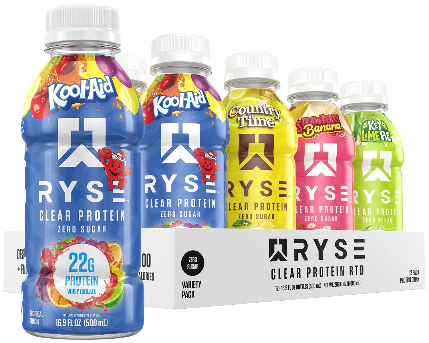 RYSE Up Supplements botella frontal que muestra diseño y beneficio proteína clara