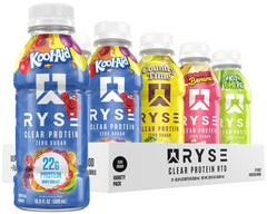 RYSE Up Supplements botella frontal que muestra diseño y beneficio proteína clara