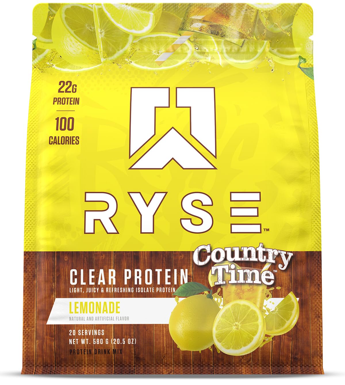 RYSE Up Supplements frente del empaque que muestra 20 servicios y beneficios