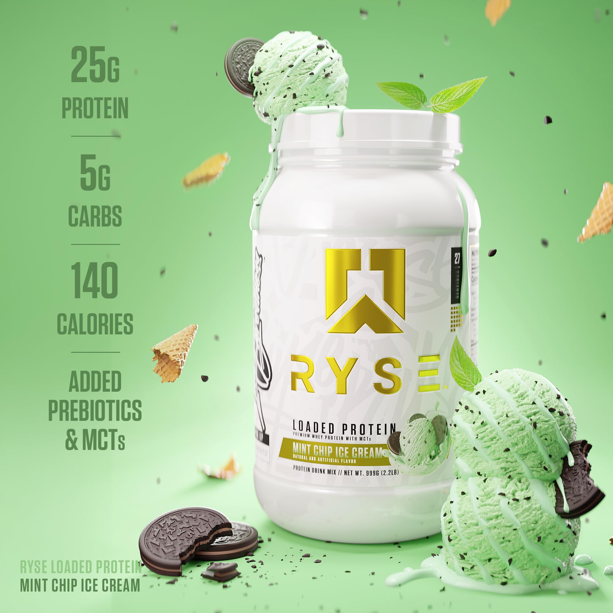 Comparación visual del envase de 2 lb de RYSE junto a una pesa, claridad en porciones y tamaño real
