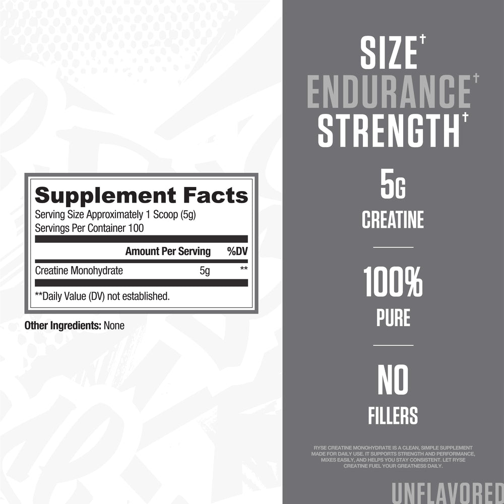 RYSE Up Supplements polvo sin sabor en primer plano, textura fina para mezcla fácil