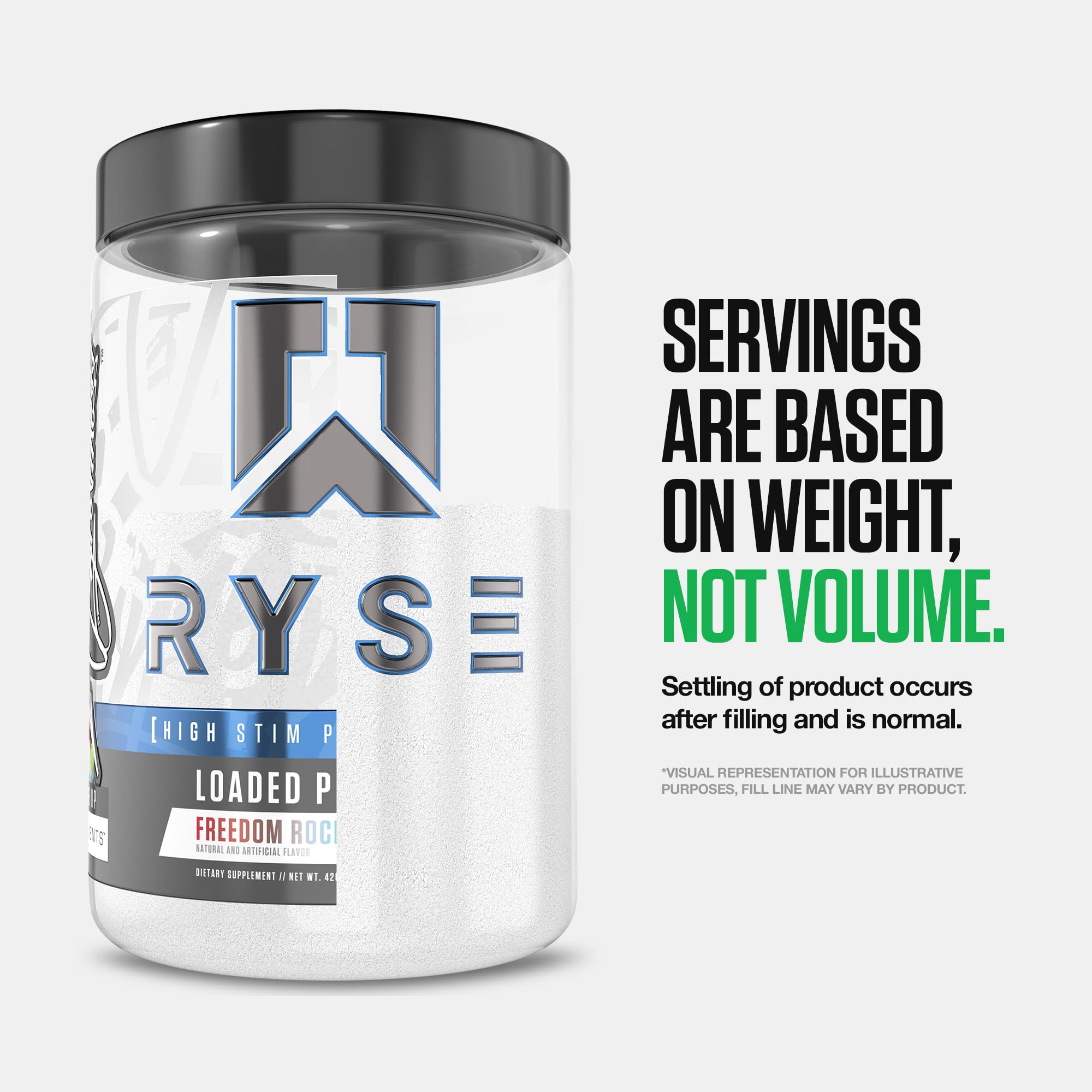 RYSE envase abierto revelando 30 porciones listas para entrenos frecuentes